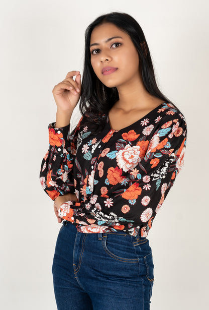 Black Floral Print Crop Top