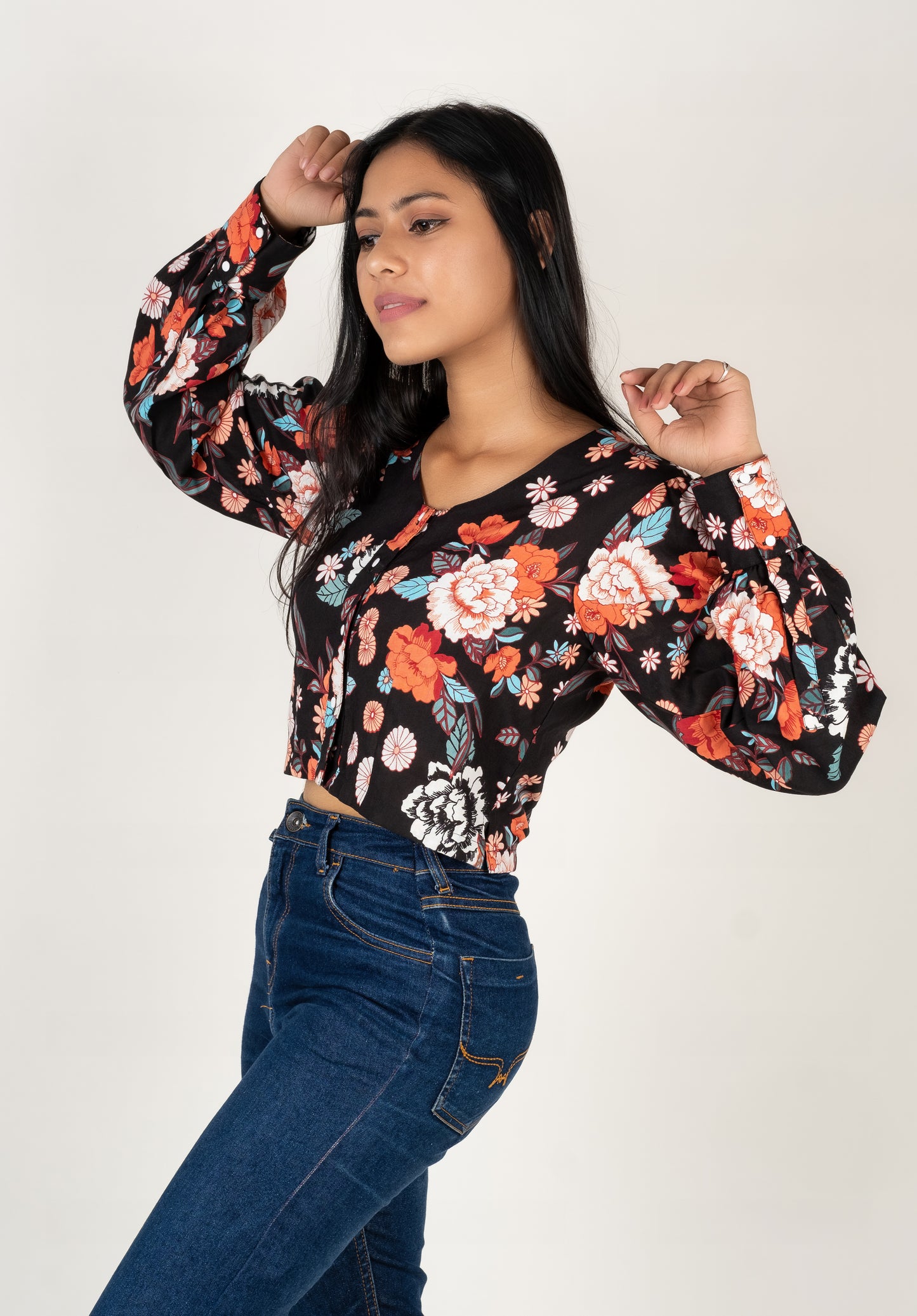 Black Floral Print Crop Top