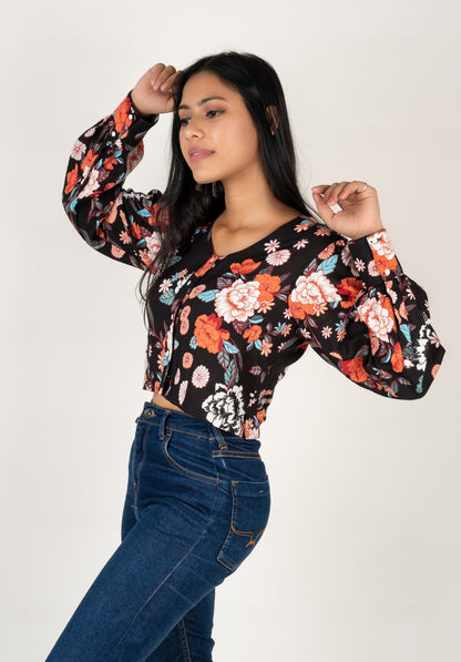 Black Floral Print Crop Top