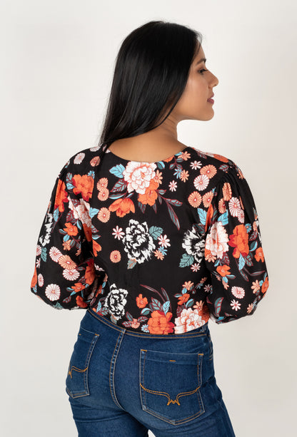 Black Floral Print Crop Top