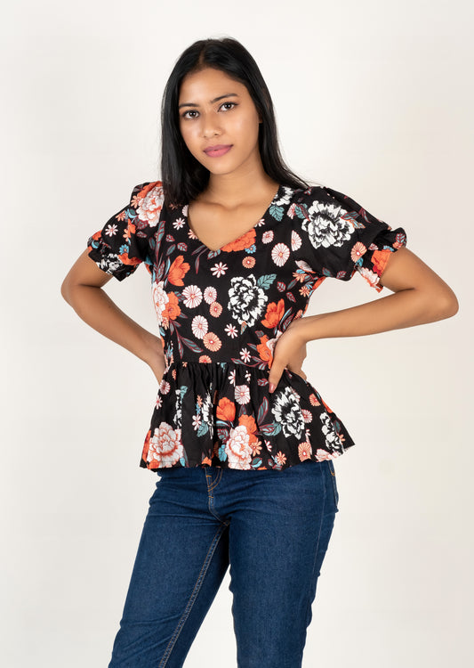 Black Floral Print Peplum Top