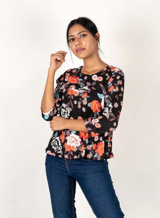 Black Floral Print A- Line Top