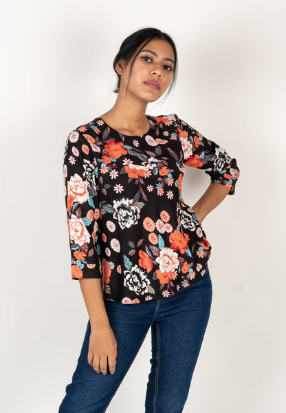 Black Floral Print A- Line Top