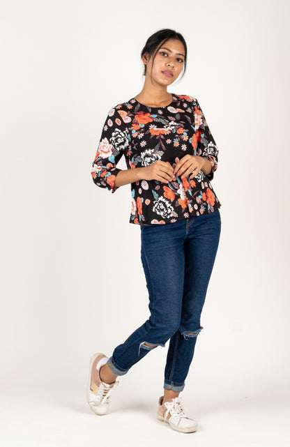 Black Floral Print A- Line Top