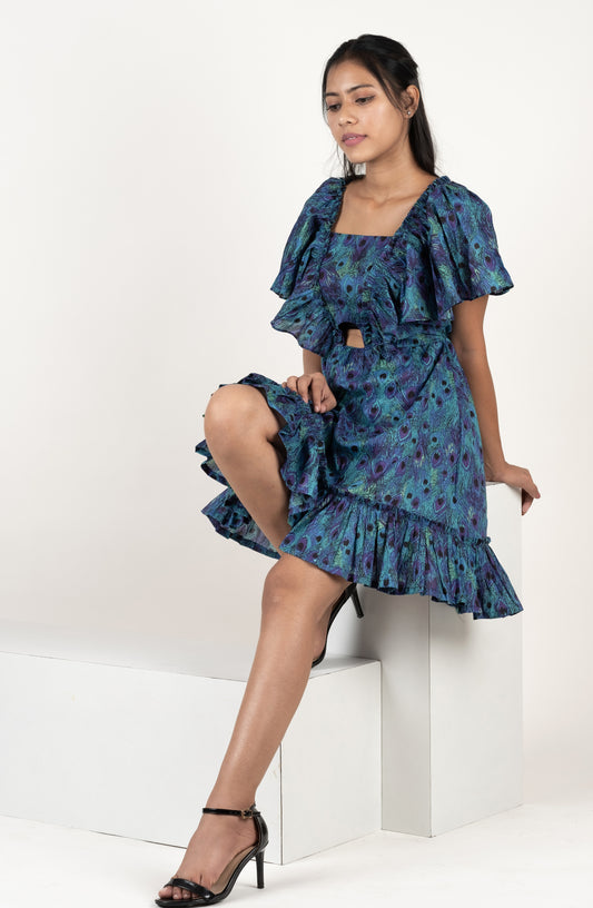 Peacock Print Ruffle Dress