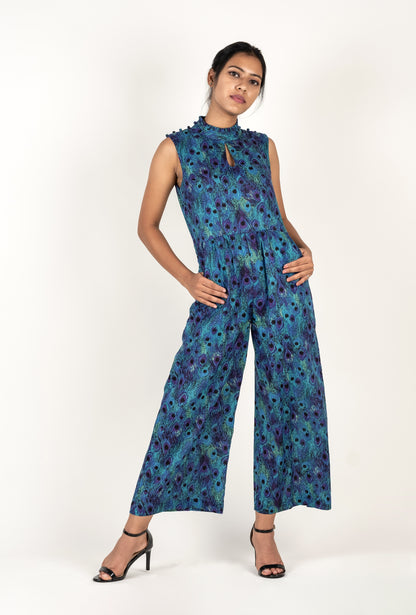 Peacock Print Sleeveless Jumpsuit