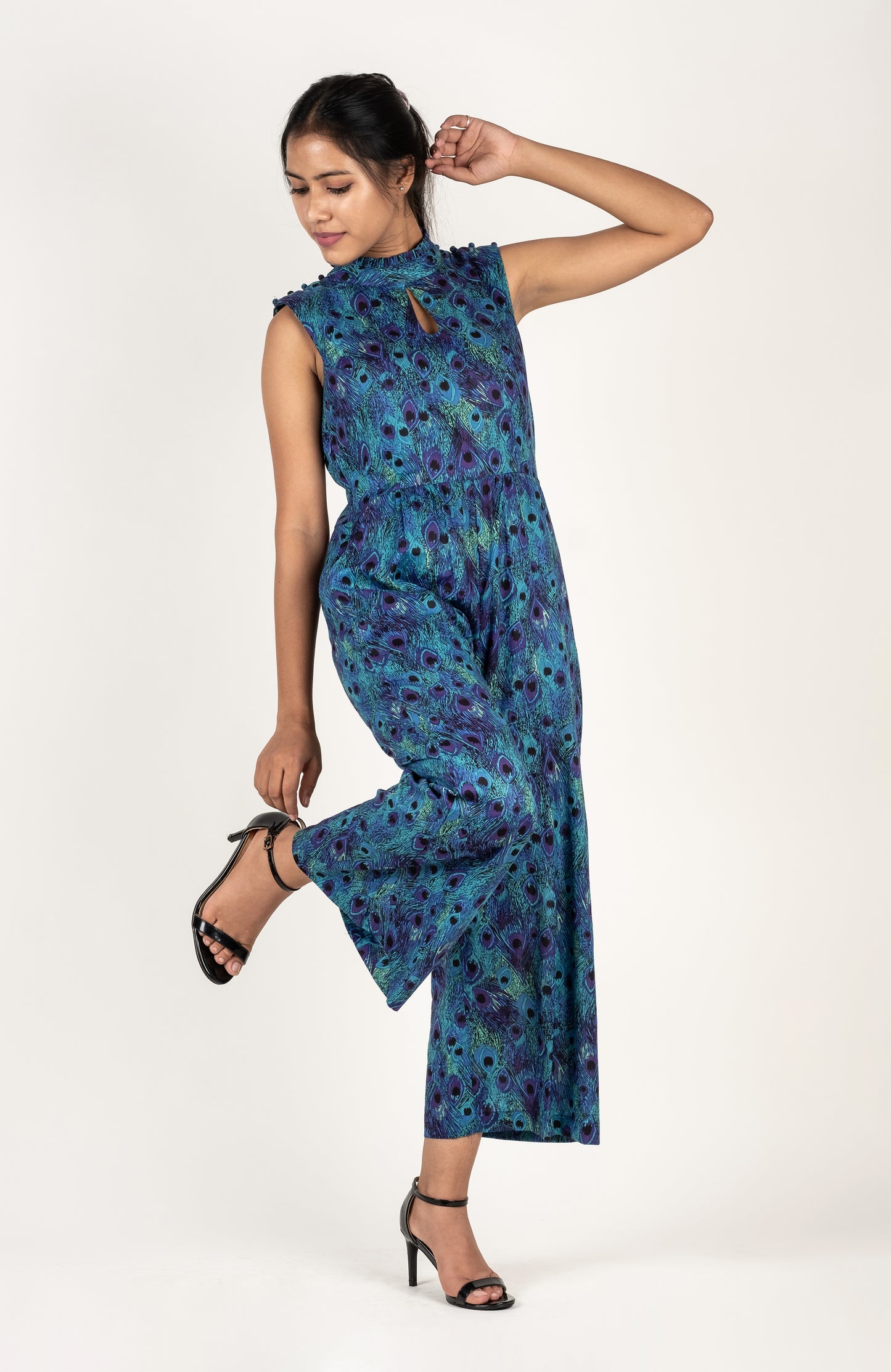 Peacock Print Sleeveless Jumpsuit