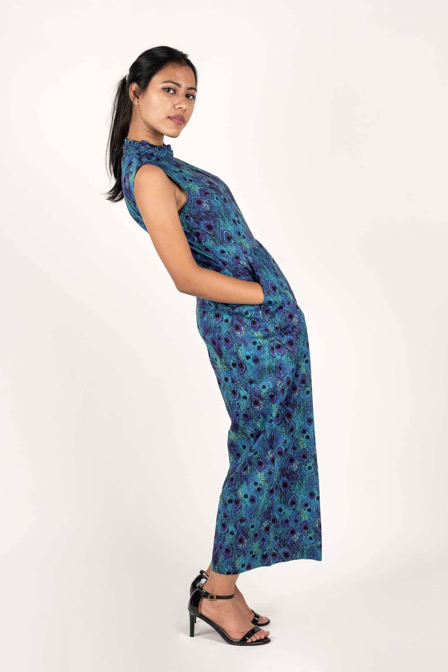 Peacock Print Sleeveless Jumpsuit